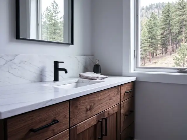 Illustration: bathroom vanity with a white veined quartzite top and undermount sink